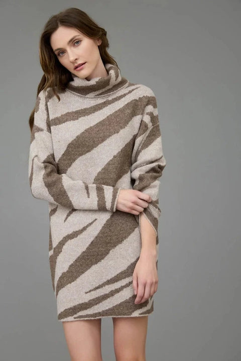 Zebra Print Long Sleeve Turtleneck Sweater Dress in Brown