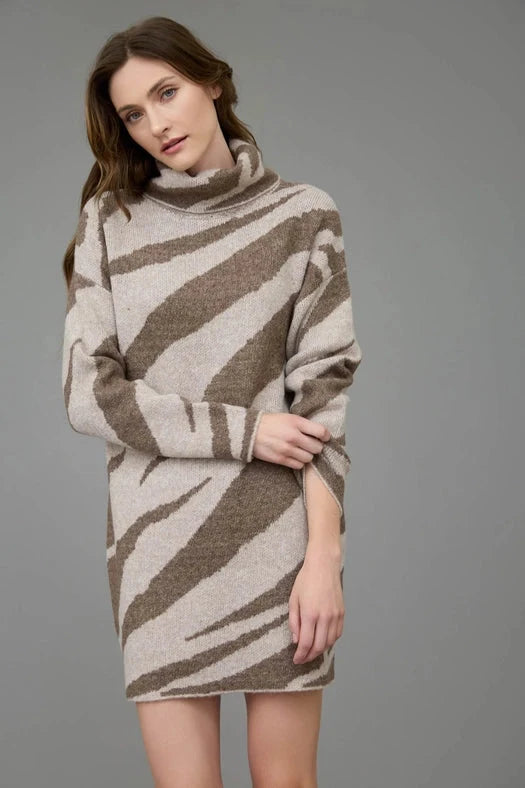 Zebra Print Turtleneck Long Sleeve Sweater Dress BROWN