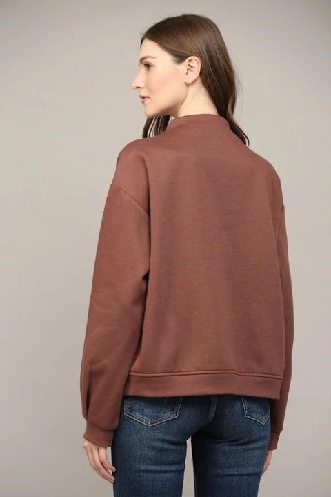 Zipper Trimmed Round Neck Sweatshirt CHOCO BROWN