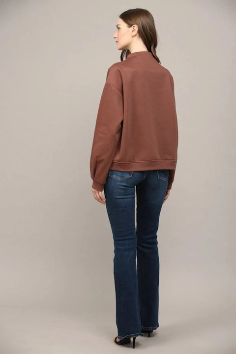 Zipper Trimmed Round Neck Sweatshirt CHOCO BROWN