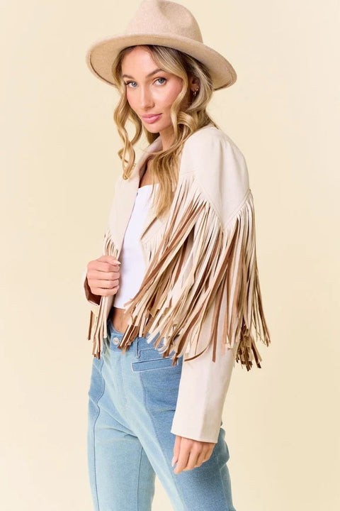 Cream Multi Color Fringe Open Front Jacket