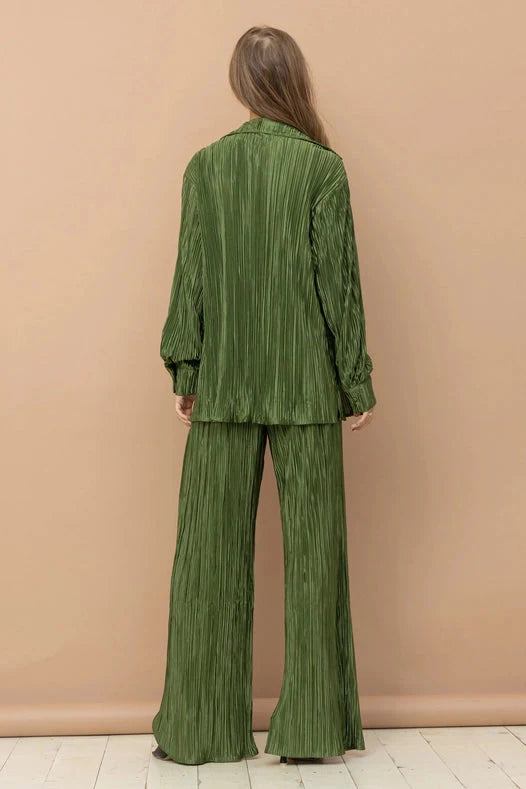 Accordion Pleat Button Blouse Pant Lounge Set - Olive