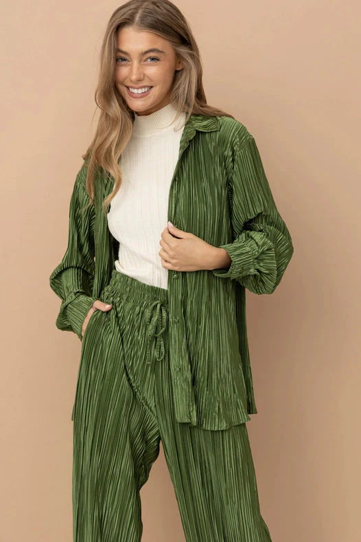 Accordion Pleat Button Blouse Pant Lounge Set - Olive