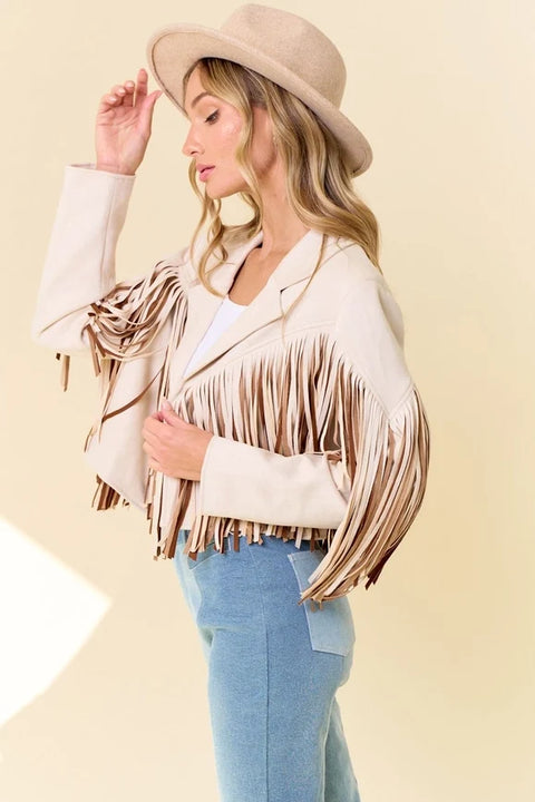 Cream Multi Color Fringe Open Front Jacket