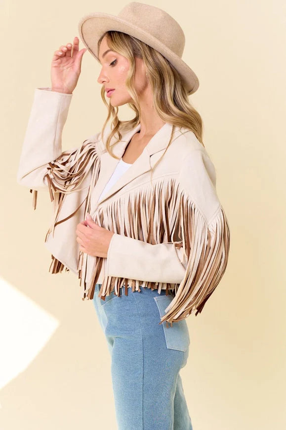 Cream Multi Color Fringe Open Front Jacket