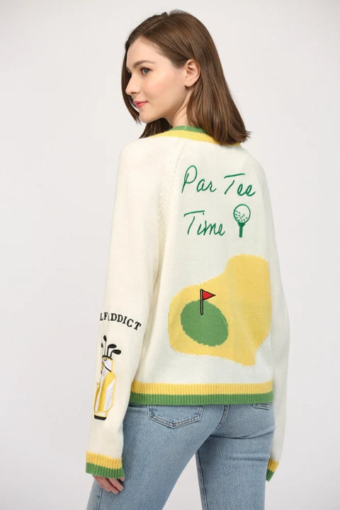 Golf Embroidered Patch Cardigan - CREAM MULTI