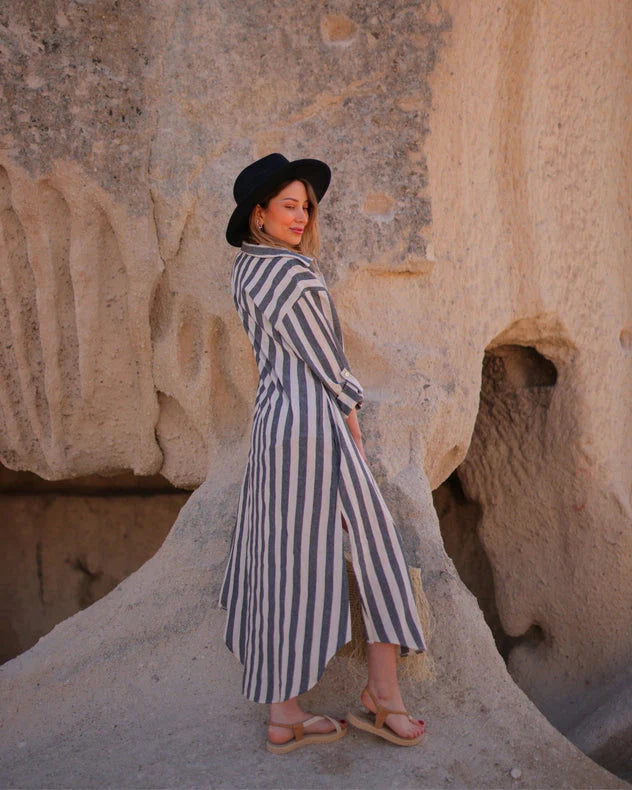 Anthracite Striped Long Linen Shirt Dress  Anthracite Stripes