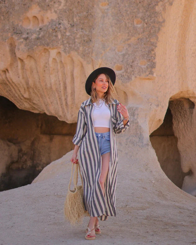 Anthracite Striped Long Linen Shirt Dress  Anthracite Stripes