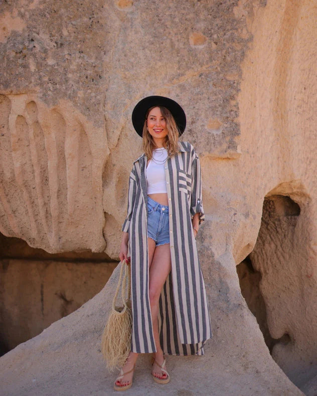Anthracite Striped Long Linen Shirt Dress  Anthracite Stripes