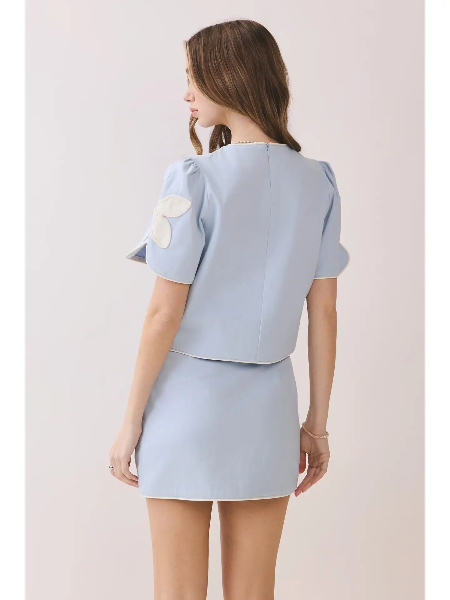 Appliqué Floral Short Puff Sleeve Structured Top - Blue