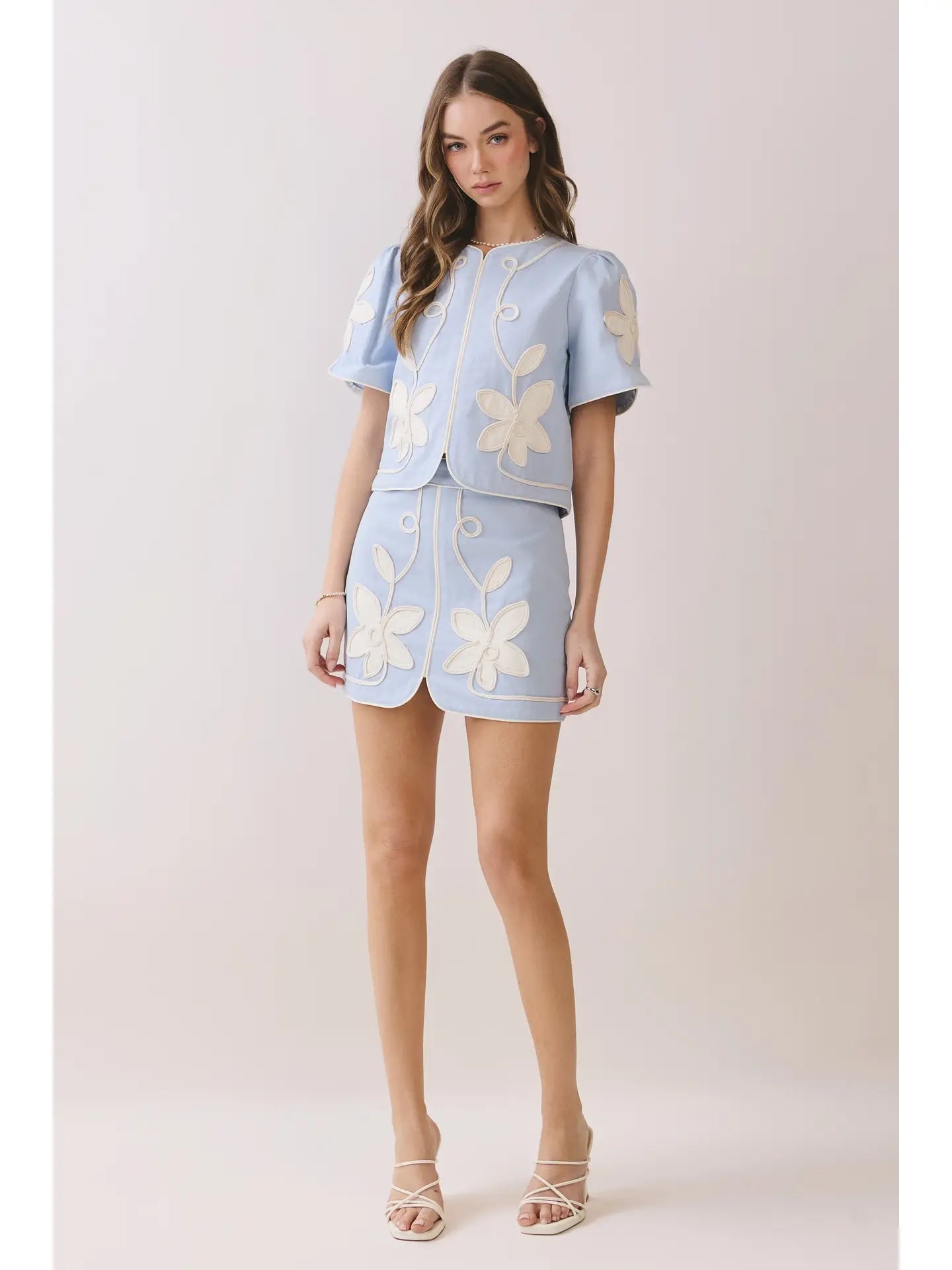 Appliqué Floral Short Puff Sleeve Structured Top - Blue