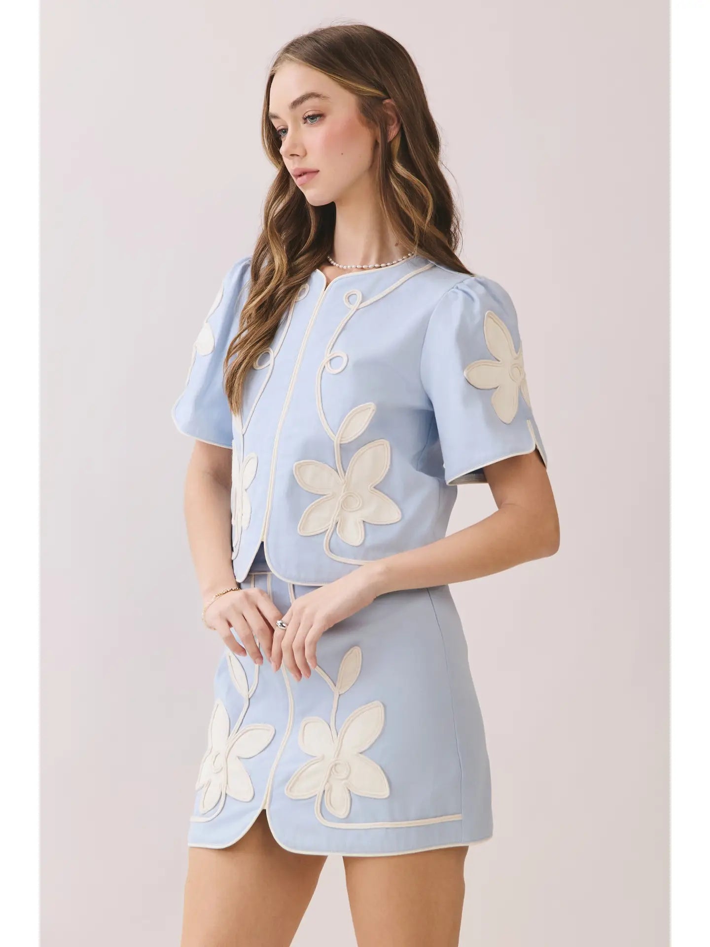 Appliqué Floral Short Puff Sleeve Structured Top - Blue