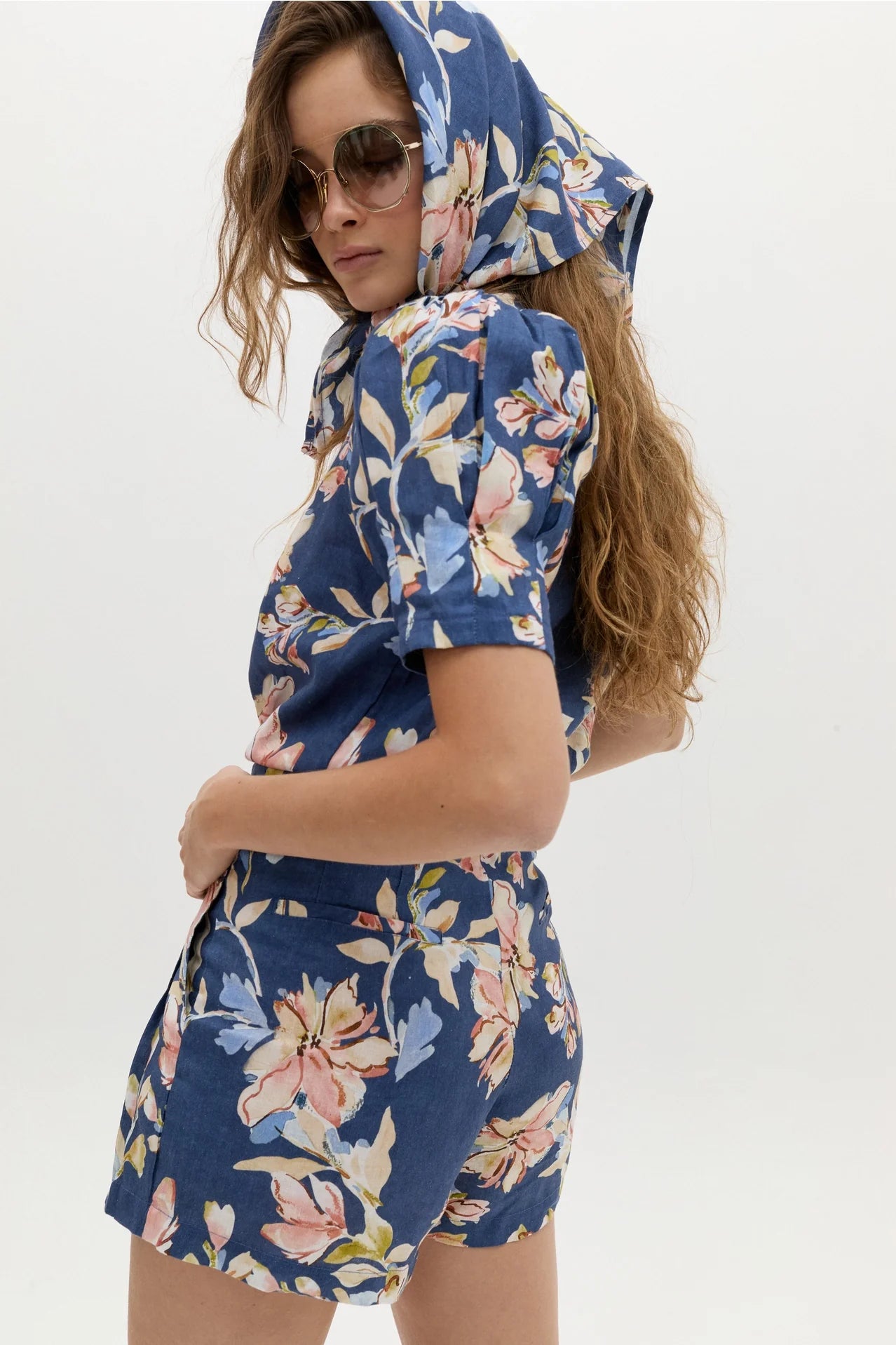 Athina Linen Shirt - Blue Poppy Print