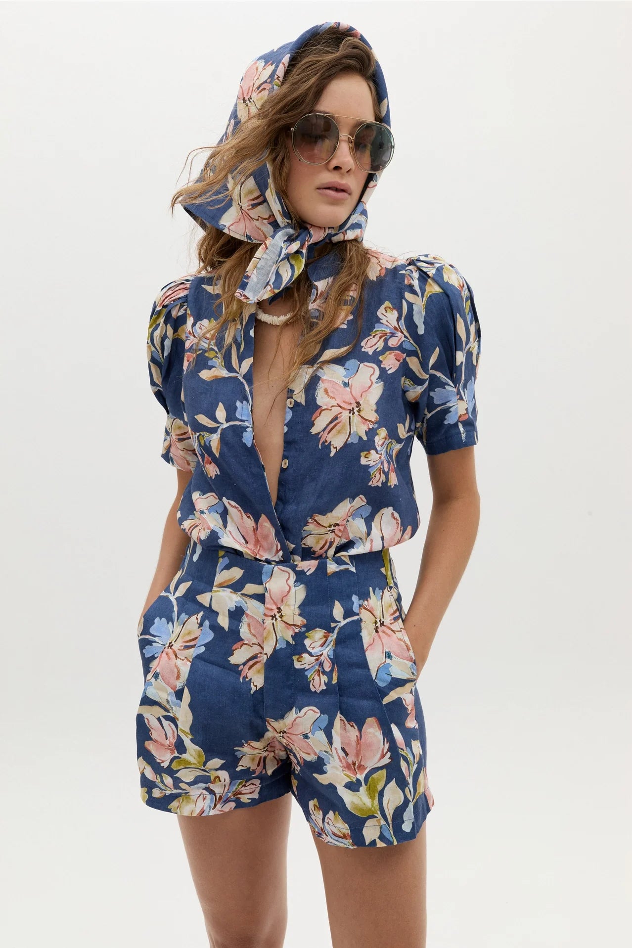 Athina Linen Shirt - Blue Poppy Print
