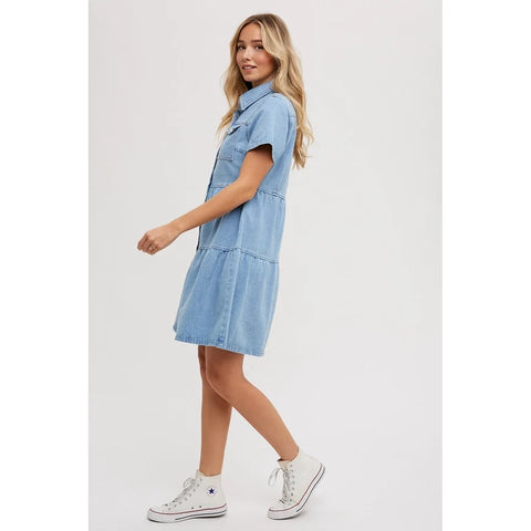 Tiered Denim Shirt Dress in Light Wash for Women