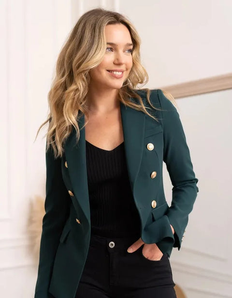 Timeless Fitted Blazer Jacket with Gold Double-Breasted Buttons Bottle Green