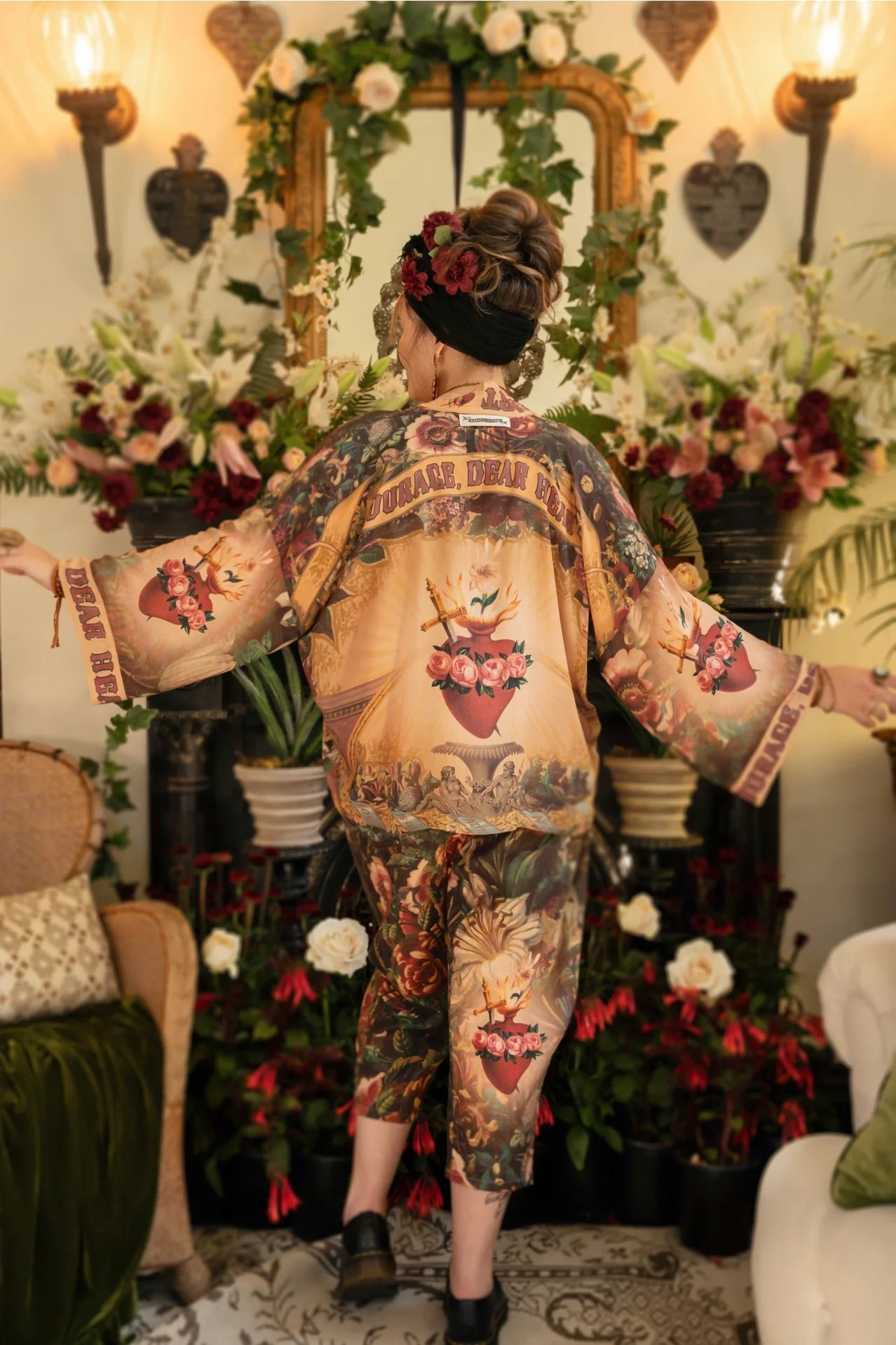 Courage Deart Heart Cropped Bamboo Kimono with Sacred Heart