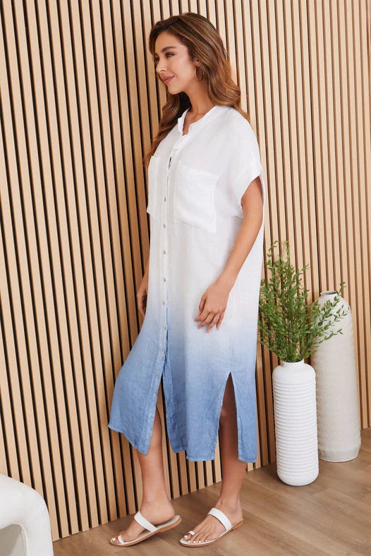 Band Collar S/S Dip Dye Maxi Dress Blue