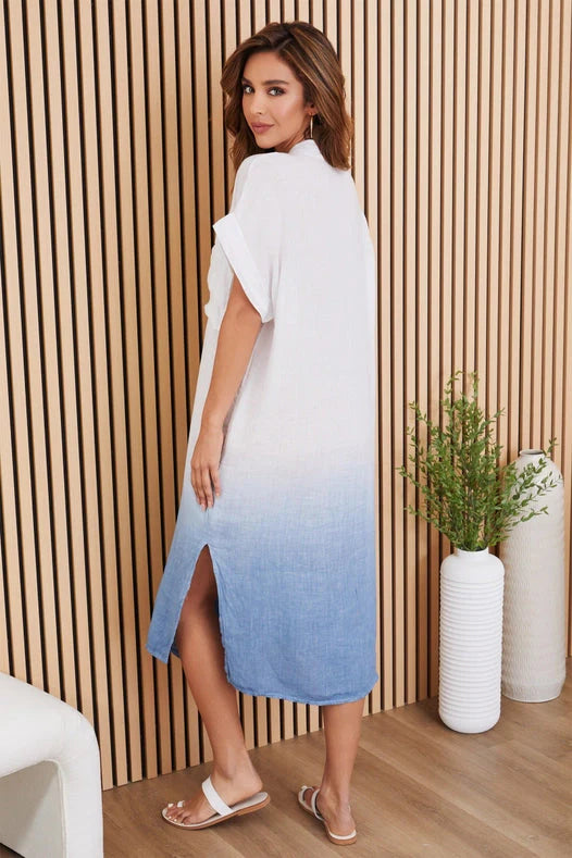 Band Collar S/S Dip Dye Maxi Dress Blue