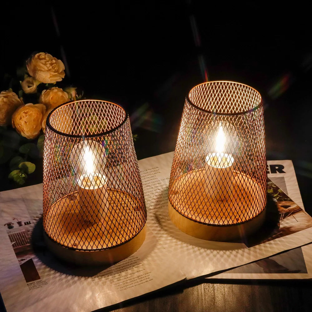Set of 2-7"H Metal Mesh Table Lamp (with Wooden Base)