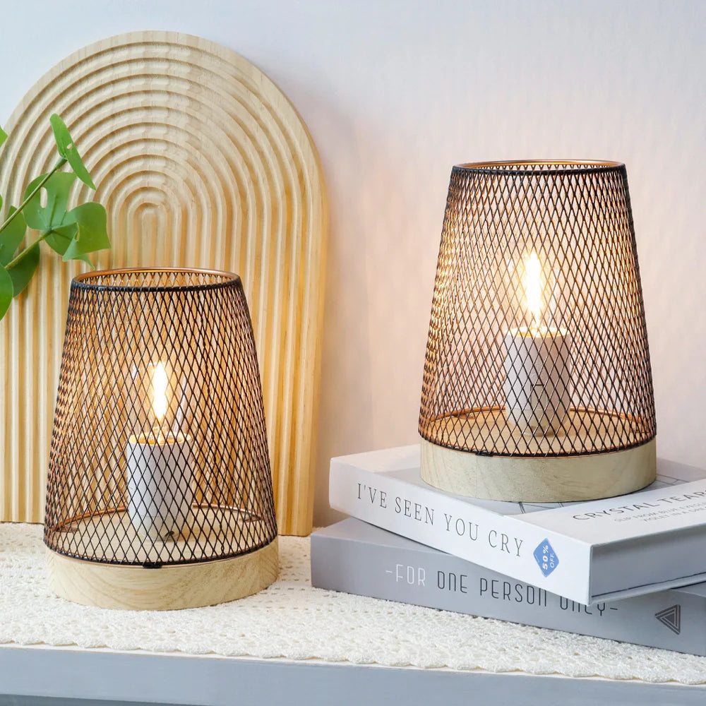 Set of 2-7"H Metal Mesh Table Lamp (with Wooden Base)