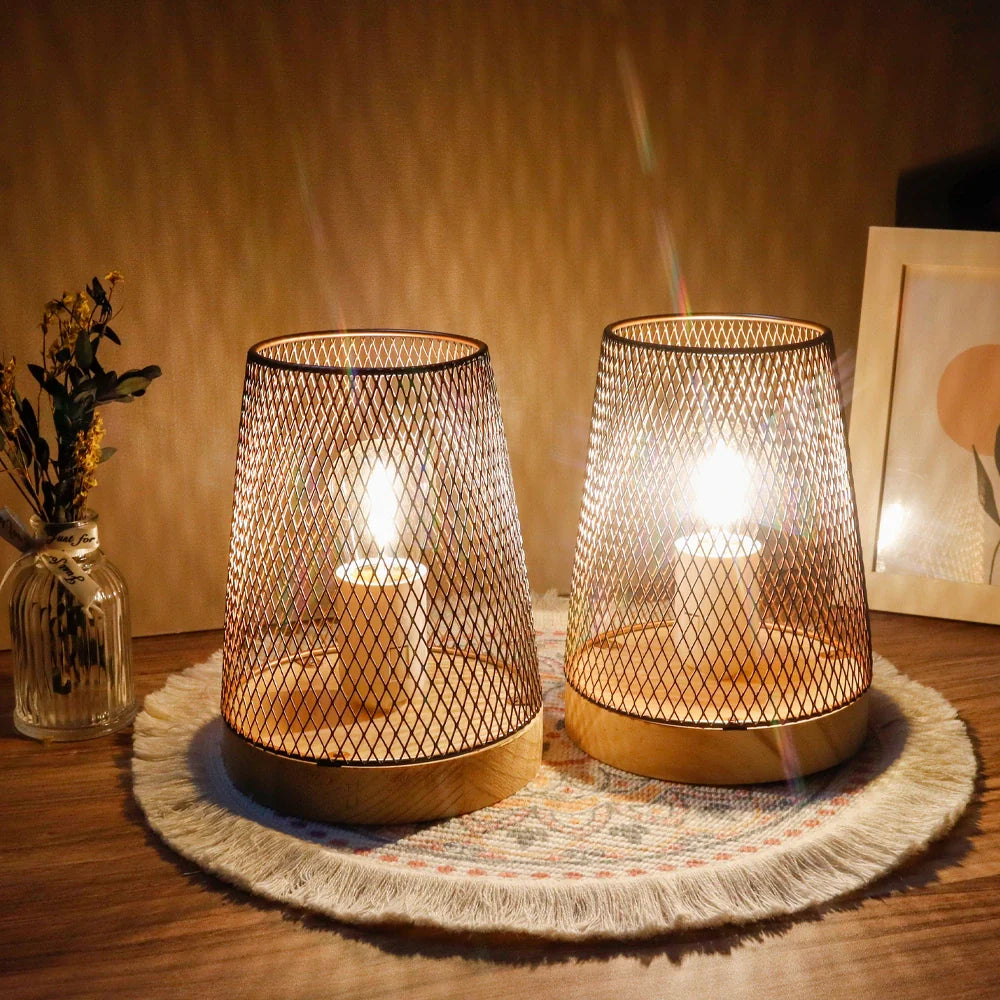 Set of 2-7"H Metal Mesh Table Lamp (with Wooden Base)