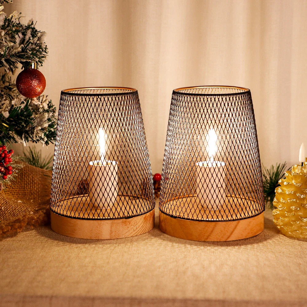 Set of 2-7"H Metal Mesh Table Lamp (with Wooden Base)