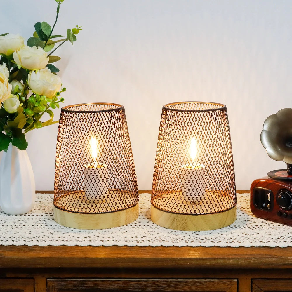 Set of 2-7"H Metal Mesh Table Lamp (with Wooden Base)