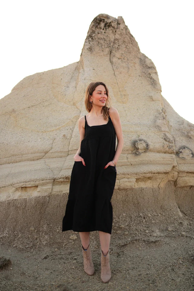 Beige Double Gauze Strap Dress Black