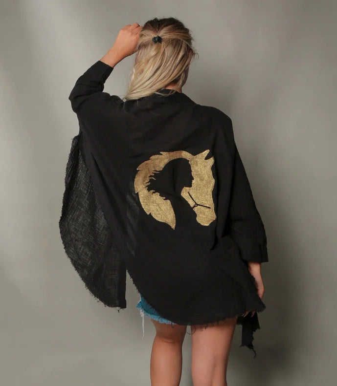 Black Double Gauze Muslin Robe with Golden Horse & Female