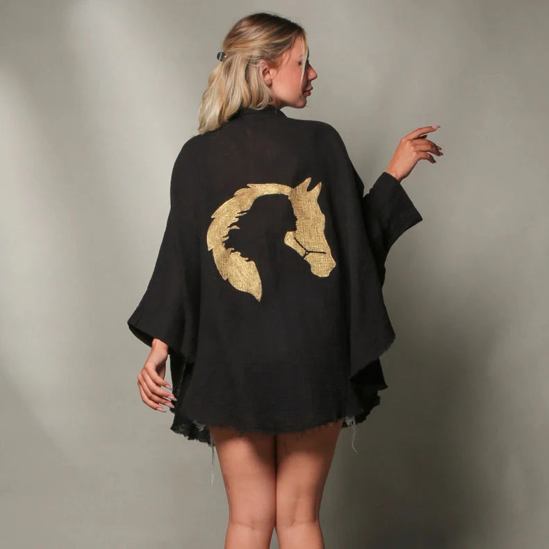 Black Double Gauze Muslin Robe with Golden Horse & Female