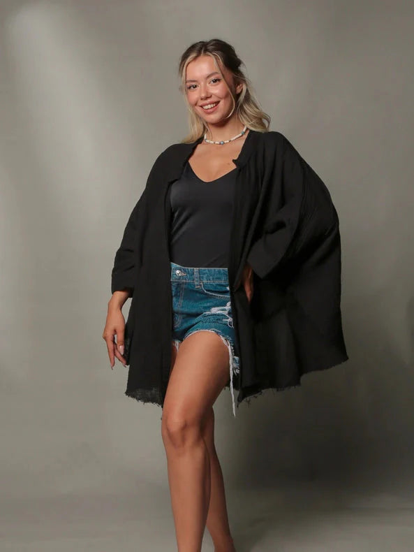 Black Double Gauze Muslin Robe with Golden Horse & Female
