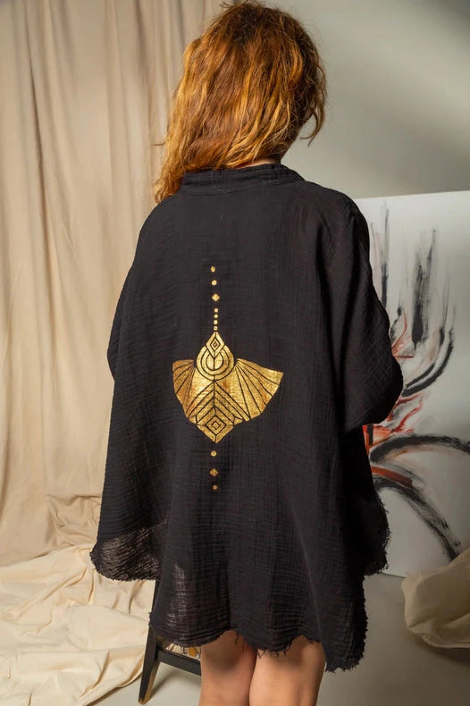 Black Double Gauze Muslin Robe with Golden Mocking Bird