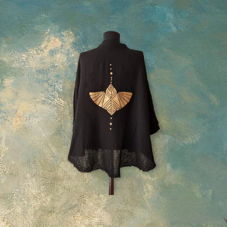 Black Double Gauze Muslin Robe with Golden Mocking Bird