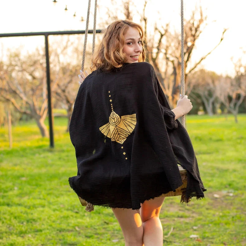 Black Double Gauze Muslin Robe with Golden Mocking Bird
