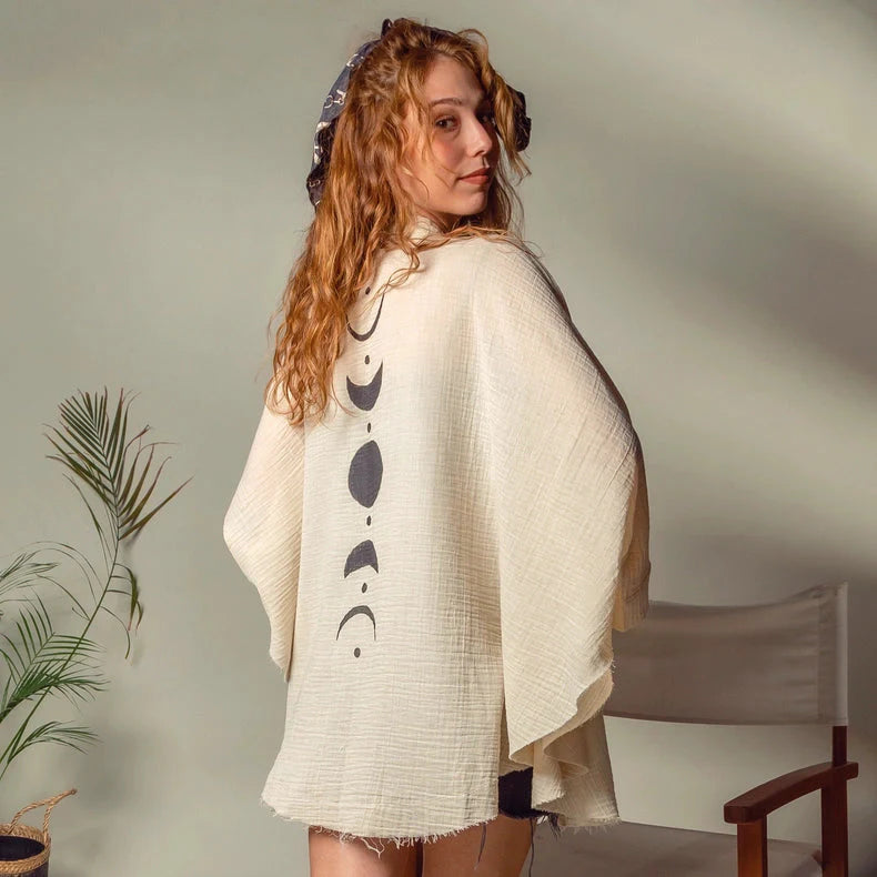 Black &Gold Moon Phases Muslin Kimono Robe / Poncho