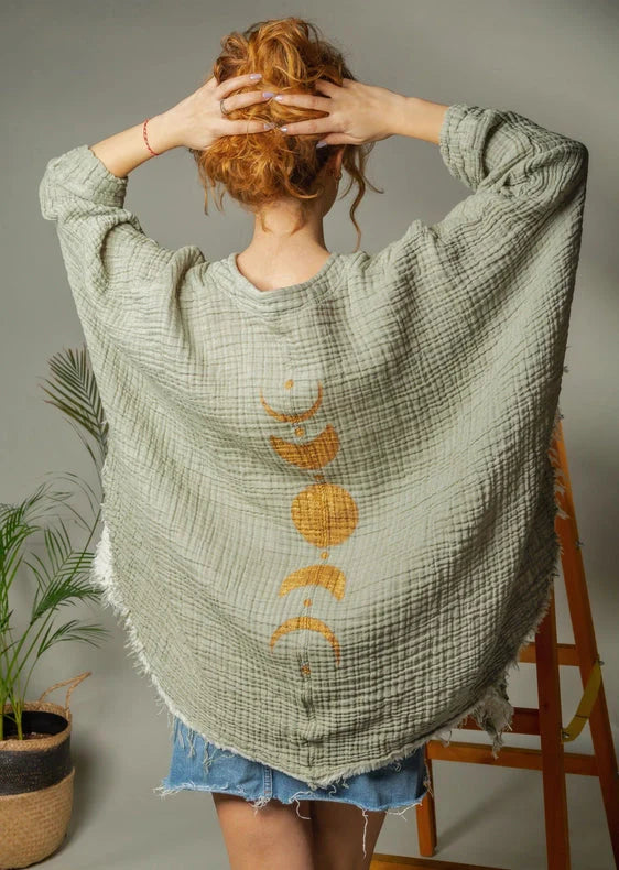 Black &Gold Moon Phases Muslin Kimono Robe / Poncho