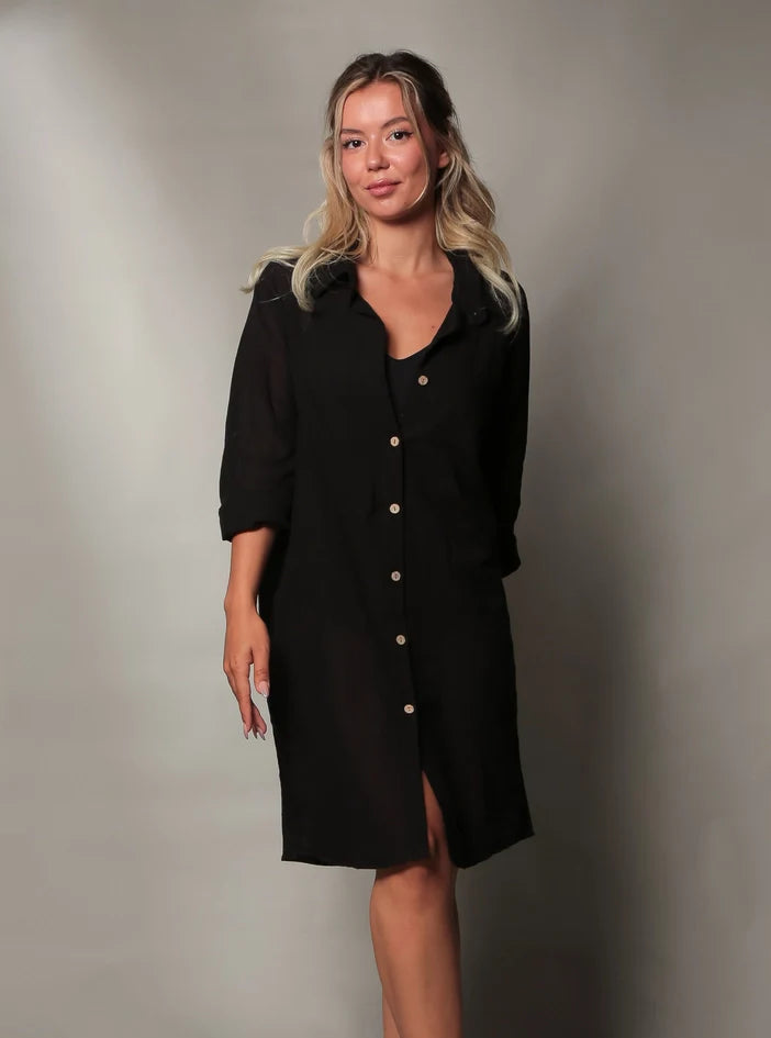 Black Shirt Dress with Hand Painted Gold Coral Reef