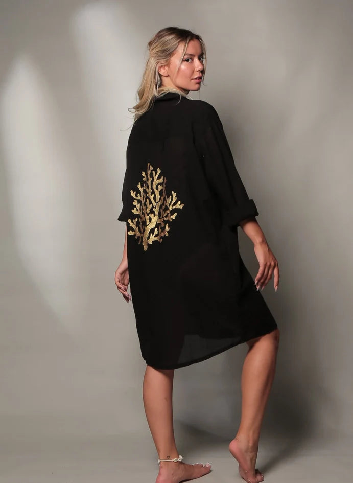 Black Shirt Dress with Hand Painted Gold Coral Reef