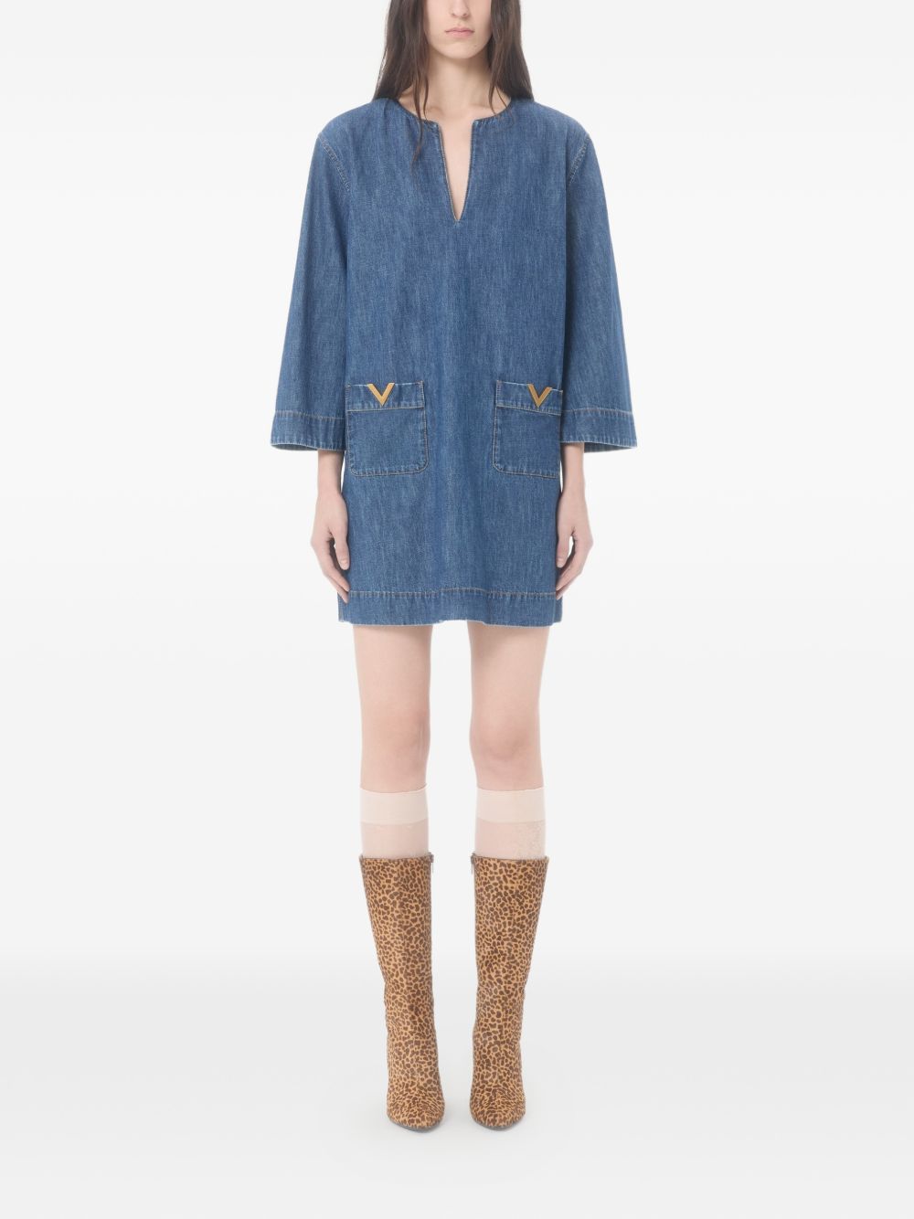 Blue V-Neck Denim Short Dress for Summer Comfort