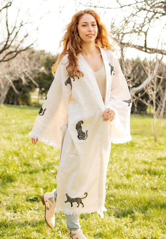 Boho Tiger Long Kaftan Kimono White Kimono Black Tiger