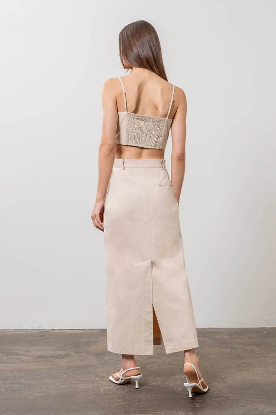 Button Front Split Hem Midi Skirt