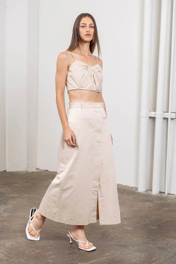 Button Front Split Hem Midi Skirt