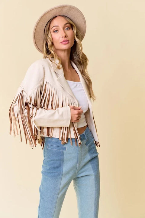 Cream Multi Color Fringe Open Front Jacket