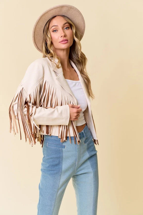 Cream Multi Color Fringe Open Front Jacket