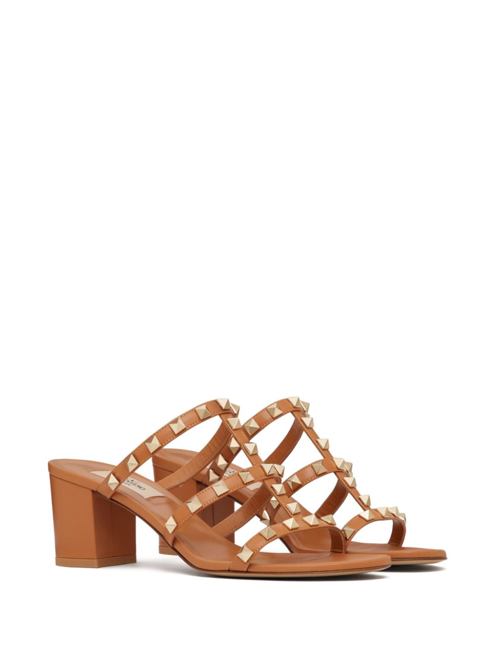 Camel Brown Calf Leather Rockstud Summer Slip-On Mules 60mm Comfortable