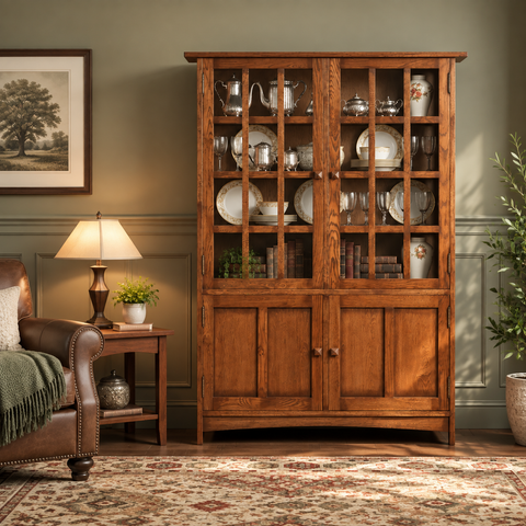 Pre-Order Mission Oak 4 Door Display China Cabinet - Walnut - 49"W