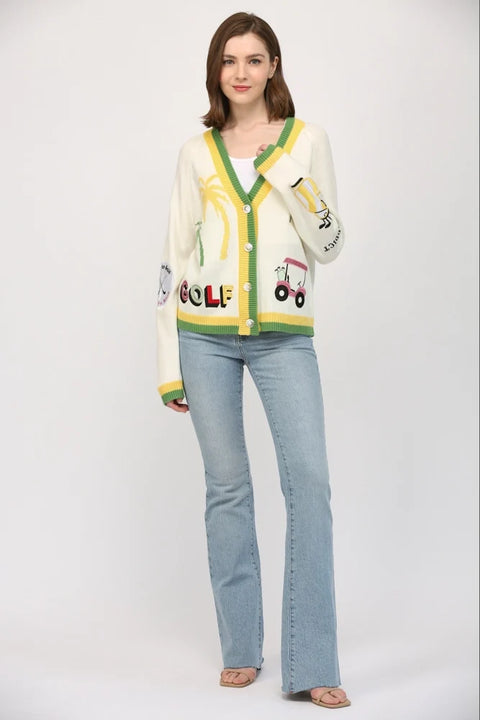 Golf Embroidered Patch Cardigan - CREAM MULTI