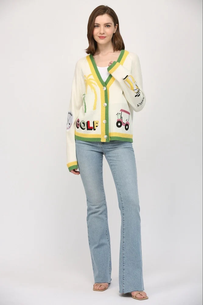 Golf Embroidered Patch Cardigan - CREAM MULTI