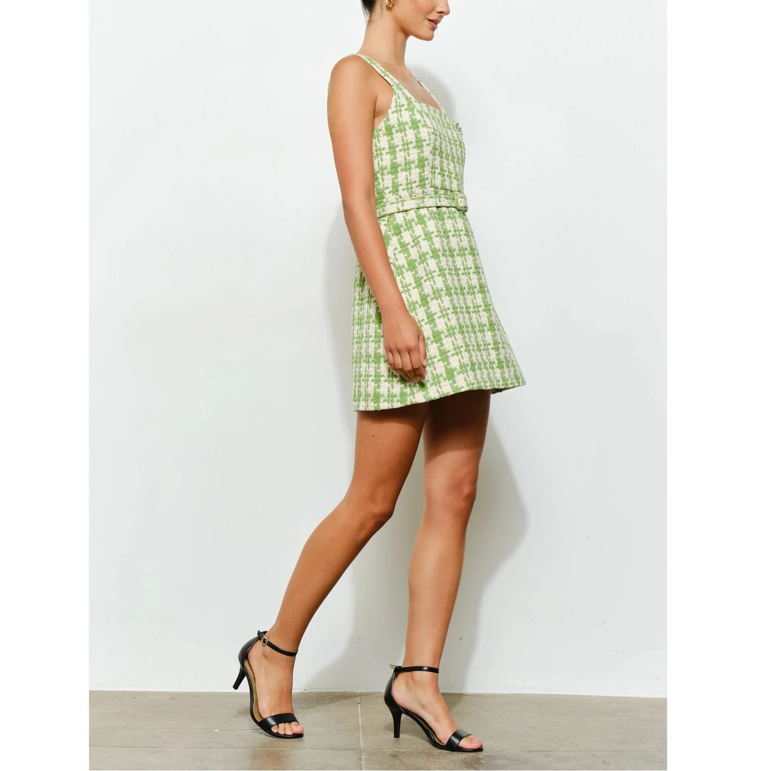 Check Tweed Brooch Detail Belted Mini Dress in Lime